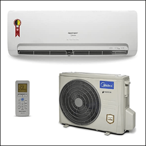 A imagem mostra um ar condicionado com seu split e um controle remoto, todos brancos, num fundo branco.