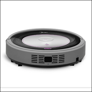Aspirador-De-Pó-Robô-Midea-Smart A imagem mostra um aspirador de pó robô em formato circular, na cor cinza com alguns detalhes em preto. O fundo da imagem é branco.