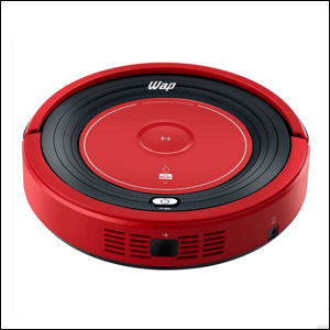 Aspirador-de-pó-Robot-W300-Wap A imagem mostra um aspirador de pó robô no formato circular, nas cores vermelho e preto. O fundo da imagem é branco.