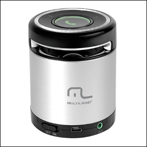 Caixa-De-Som-Bluetooth-Sound-Box-Multilaser A imagem mostra uma caixa de som em formato cilíndrico, na cor prata e com as duas pontas pretas. No centro da caixa, é possível ver o logo e o nome da Multilaser em cinza. O funda da imagem é branco.