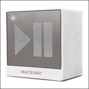 Caixa-De-Som-Mini-Bluetooth-Multilaser-Sp278 A imagem mostra uma caixa de som em formato retangular, na cor branca, com a saída de som na cor cinza. Na saída de som, é possível ver a figura de um play e um pause, na cor cinza claro. Na parte inferior central do aparelho está escrito Multilaser em cinza. O fundo da imagem é branco.
