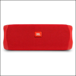Caixa-de-Som-Portátil-JBL-FLIP-5 A imagem mostra uma caixa de som em formato cilíndrico, na cor vermelha. No centro da caixa de som, é possível ler JBL num pequeno quadrado vermelho. O fundo da imagem é branco.