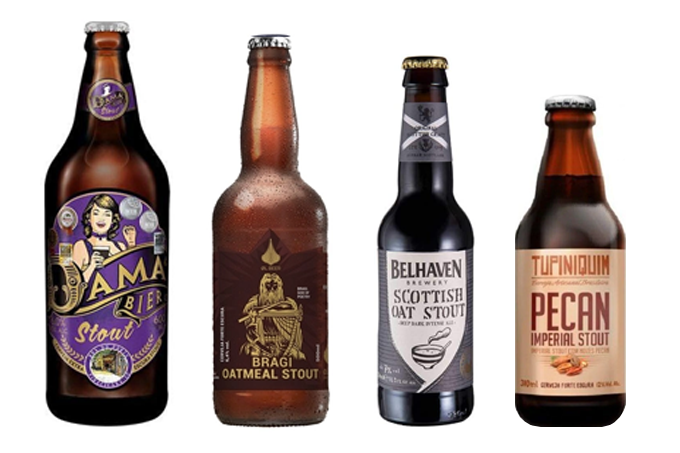 Imagem de quatro cervejas tipo stout. Da esquerda para direita: Cerveja Dama Bier Stout 600ml, Cerveja Oatmeal Stout 500ml, Cerveja Scottish Oat Stout 330ml e Cerveja Tupiniquim Pecan Imperial Stout 310 ml