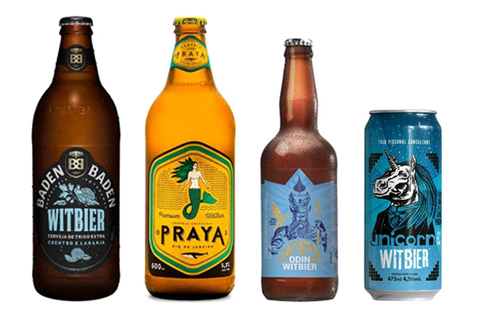 Imagem de quatro cervejas witbier. Da esquerda para direita: Cerveja Baden Baden Witbier 600ml, Cerveja Praya Witbier 600ml, Cerveja Odin Witbier 500ml e Cerveja Unicorn Witbier 473ml