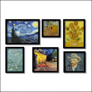 A imagem mostra um conjunto de 6 quadros de diferentes tamanhos com molduras pretas, cada um contendo um quadro do pintor Van Gogh. O fundo da imagem é branco.