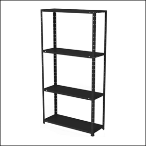 A imagem mostra uma estante com 3 andares, feita de aço na cor preta. O fundo da imagem é branco.