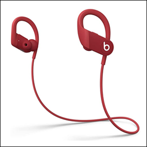 A imagem mostra um fone de ouvido vermelho com estrutura de silicone para ser apoiada nos ouvidos e um fio que une os dois fones através da parte de trás deles. Em um dos fones é possível ver um b em branco, representando a marca do produto. O fundo da imagem é branco.