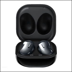 Fones-de-ouvido-Galaxy-Buds-Live A imagem mostra um par de fones de ouvido Galaxy Buds Live, em formato de feijão, na cor preta, dentro de uma caixa quadrada arredondada, também preta. O fundo da imagem é branco.