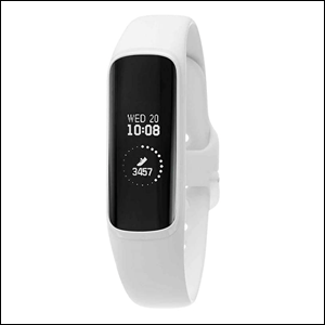 A imagem mostra uma pulseira inteligente, um pouco menor que um relógio, com visor digital retangular. A pulseira é branca e o visor é preto. O fundo da imagem é branco.
