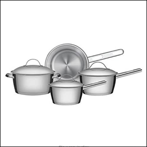 Jogo-de-Panelas-Inox-Tramontina A imagem apresenta quatro panelas de inox, três no primeiro plano e uma frigideira deitada ao fundo. O fundo da imagem é branco.