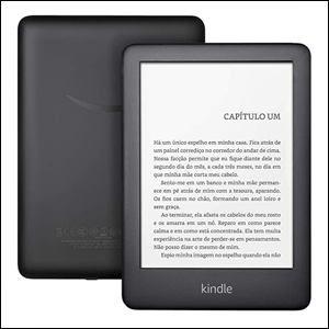 A imagem mostra um Kindle 10ª geração, em formato retangular, na cor preta. Há duas imagens do produto: uma de frente, mostrando a tela com fundo branco e um capítulo de um livro, e a parte traseira, que é preta lisa. O fundo da imagem é branco.