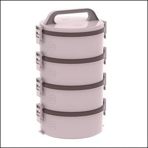 Marmita-Termoprato-Tekcor-Soprano A imagem mostra um conjunto de marmitas redondas, empilhadas, com a base na cor rosa claro e as tampas na cor rosa escuro. Na marmita do topo, há uma alça de plástico, mesmo material das marmitas. O fundo da imagem é branco.