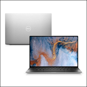 Notebook-Dell-XPS-13-9300-A30S-10-geração A imagem mostra dois notebooks iguais, um sendo mostrado de frente, de forma que é possível ver sua tela com um plano de fundo nas cores azul, branco e laranja, e outro mostrado de costas, de maneira que vemos sua parte de trás, prateada e com o logo da Dell no meio. O fundo da imagem é branco.