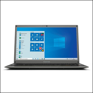 Notebook-Positivo-Motion-C4128D A imagem mostra um notebook aberto. É possível ver sua tela, que mostra a página inicial do Windows com o fundo em azul. O notebook é da cor cinza escuro e as teclas do teclado são pretas. O fundo da imagem é branco.