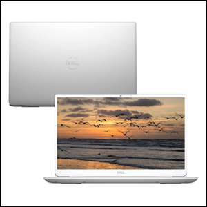 Notebook-Ultrafino-Dell-Inspiron-5490-M30S A imagem mostra dois computadores do mesmo modelo, um de frente, possibilitando ver sua tela com um fundo de uma foto de uma praia no por do sol, e outro de costas, possibilitando ver a parte da frente do notebook, da cor prata e com um logo da Dell no centro. O fundo da imagem é branco.