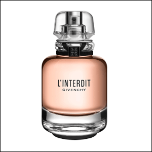 A imagem mostra uma embalagem de perfume, um fraco de vidro na cor rosa, de forma cilíndrica, com tampa transparente e detalhes em prata. No centro da embalagem, lê-se L'Interdit Givenchy. O fundo da imagem é branco.
