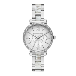 Relógio-Michael-Kors-MK43451KN A imagem mostra um relógio prata com visor redondo. O interior do visor também é prata, assim como os números, que estão em formato romano.