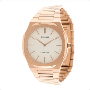 A imagem mostra um relógio de aço na cor rose gold, com visor redondo e branco e com os ponteiros rose gold. O fundo da imagem é branco.