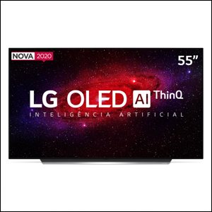 Smart-TV-4K-LG-OLED-AI-55-CXPSA A imagem mostra uma tv em fundo branco, na cor preta, mostrando em sua tela um fundo preto, com uma via láctea nas cores vermelho e roxo e escrito "LG OLED AI Thin Q Inteligência Artificial" no centro em branco.