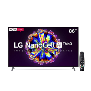 A imagem mostra um tv num fundo branco, ao lado de seu controle remoto preto, que está em pé. A tv mostra, em sua tela, um fundo preto com uma série de cores formando um círculo e, no centro, está escrito "LG NanoCell AI Thin Q Inteligência Artificial", em branco.