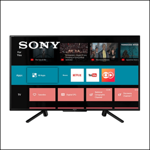 A imagem mostra um tv na cor preta, num fundo branco. A tv tem dois suportes inferiores que deixam ela em pé. Sua tela apresenta a página inicial da Sony.