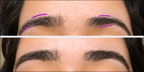 Imagem do antes e depois de nossa jornalista testar a caneta de sobrancelha da Benefit.