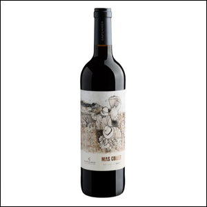 A imagem mostra uma garrafa escura de 750 ml do vinho Mas Collet Selecció Montsant 2017. A garrafa tem um rótulo branco com o nome do vinho e alguns desenhos de homens numa colheita.