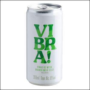 Vibra-Branco Imagem de uma latinha de vinho tinto branco de 269ml da Vibra!, marca de vinho da Evino.