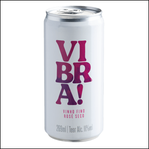 Vibra-Rose Imagem de uma latinha de vinho tinto rosé de 269ml da Vibra!, marca de vinho da Evino.
