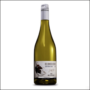 Vinho-Bueno-Bella-Vista-Sauvignon-Blanc A imagem mostra uma garrafa verde com o rótulo branco do vinho Bueno Bella Vista Sauvignon Blanc 2012 num fundo branco.