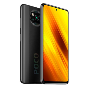 A imagem mostra o smartphone Poco X3 de frente e de costas. A parte virada para frente, mostra a tela do celular, com um plano de fundo amarelo e laranja, Já a parte virada de costas, mostra que o celular é da cor cinza escuro, com as lentes das câmeras concentradas em um circulo na parte superior do aparelho. O fundo da imagem é branco.