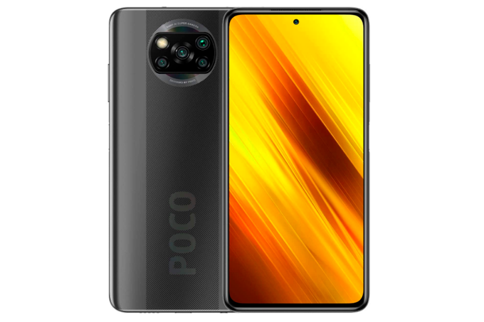 A imagem mostra o smartphone Poco X3 mostrado de frente e do costas. Na parte virada para frente, é possível ver a tela com um plano de fundo nas cores amarelo e laranja. Na parte virada para trás é possível ver que o celular é da cor grafite, com pequenas e finas listras brancas na diagonal. As câmeras ficam concentradas na parte superior central e é possível ler Poco na parte central inferior do aparelho. O fundo da imagem é branco.