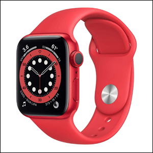 A imagem mostra um smartwatch da Apple, na cor vermelha, com pulseira de silicone e visor digital no formato quadrado. O fundo da imagem é branco.