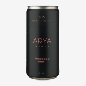 Arya-Prosecco-Brut A imagem mostra uma lata do prosecco Arya, de alumínio na cor preta, com o nome da bebida e da marca em vermelho escuro.