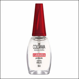 Base-Extra-Brilho-Colorama A imagem mostra um frasco transparente de esmalte, com a tampa vermelha. O fundo da imagem é branco.