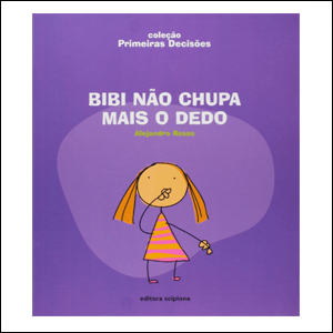 Bibi-nao-chupa-mais-o-dedo A imagem mostra a capa de um livro, de fundo roxo, com uma menina ilustrada no centro, de maria chiquinhas ruivas e um vestido rosa. No topo da capa, é possível ler o nome do livro em letras brancas.
