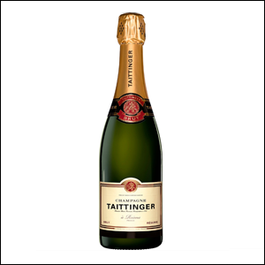 Champagne-Taittinger-Brut-Réserve A imagem mostra uma garrafa do champagne Taittinger, na cor verde escuro, com lacre dourado e um rótulo branco. O fundo da imagem é branco.