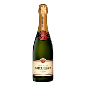 A imagem mostra uma garrafa do champagne Taittinger, na cor verde escuro, com lacre dourado e um rótulo branco. O fundo da imagem é branco.