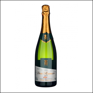 Espumante-Cava-Don-Román-Brut A imagem mostra uma garrafa do espumante Cava Don Roman, de vidro, na cor verde escuro, com lacre dourado e rótulo prata.