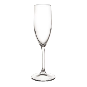 A imagem mostra uma taça de champanhe de vidro num fundo branco.