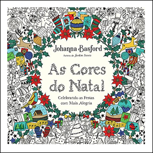 A imagem mostra a capa do livro, cheia de ilustrações em preto e branco com símbolos do Natal. Algumas estão coloridas. Elas formam um círculo no centro da capa, que mostra o título da obra em letras pretas.