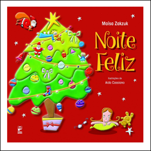 A imagem mostra a capa do livro Noite Feliz, na cor vermelha, com o título da obra em amarelo no canto superior direito. Do lado esquerdo, é possível ver uma árvore de Natal verde, com vários ornamentos, um Papai Noel no canto superior e estrelas espalhadas pela capa. Do lado inferior direito, é possível ver uma menina desenhada, de cabelos castanho claro.