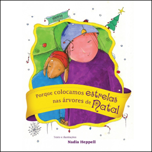 A imagem mostra a capa do livro: um fundo branco, com flocos de neve espalhados e, no centro, a ilustração de uma pessoa, com uma blusa roxa, apoiada em um cachorro, da cor marrom, com uma blusa azul e um chapéu vermelho. Embaixo deles, há uma faixa amarela com o título da obra na cor roxa.