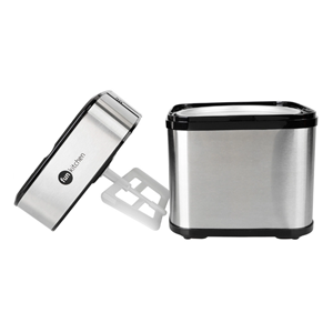 A imagem mostra uma sorveteira no formato quadrado, de inox, com a tampa retirada e apoiada ao seu lado. A tampa é do mesmo material que o resto do aparelho, e possui uma pá branca acoplada a ela. O fundo da imagem é branco.
