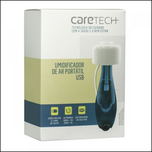 Umidificador-Portátil-Care-Tech-USB A imagem mostra a caixa do umidificador portátil, mostrando uma foto dele sendo usado através de uma garrafa de água na cor azul escura e com algumas informações sobre o produto na cor azul escura.