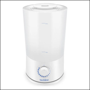 Umidificador-de-Ar-Ultrassônico-Techline-HM-05 A imagem mostra um umidificador de ar na cor branca e no formato cilíndrico, Na parte inferior, há um botão giratório redondo, também branco.