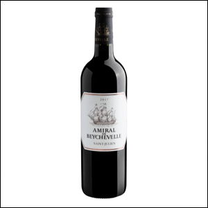 Vinho-Amiral-de-Beychevelle-2017 A imagem mostra uma garrafa de vinho na cor preta, com rótulo branco.