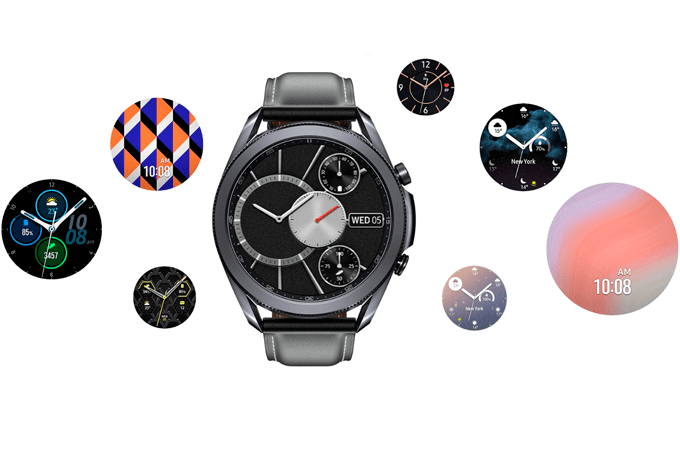 A imagem mostra um Galaxy Watch 3 ao centro, com o visor redondo e caixa na cor preta e, ao seu redor, vários círculos mostrando diversas outras possibilidades de design de visores para o relógio. O fundo da imagem é branco,