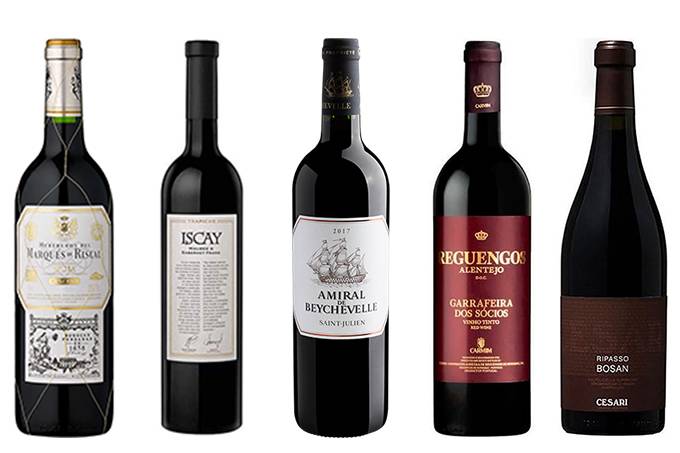 A imagem mostra cinco garrafas de vinho enfileiradas, num fundo branco.