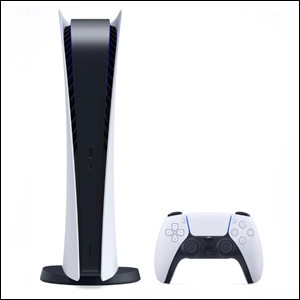 Console-Playstation-5-Digital-Edition A imagem mostra o console do PlayStation 5, em pé, na cor branca, com o centro na cor preta e, ao seu lado, o controle, também na cor branca, com detalhes em preto.
